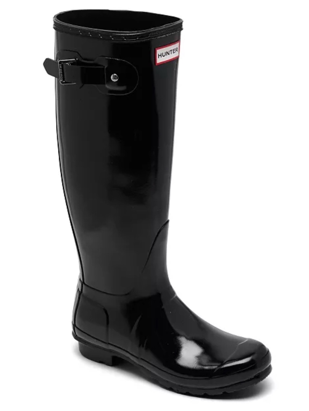 Hunter Glossy Black Knee-High Rain Boot with Side Buckle